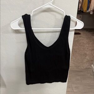 Black Ribbed V-Neck Seamless Crop Tank Top S/M